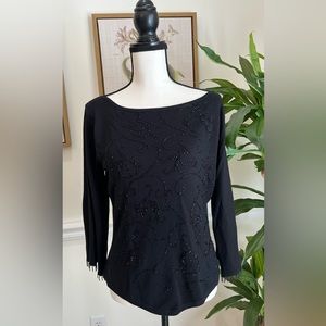 VINTAGE 80’s SILK BEADED BLACK SWEATER , split bell sleeve with beading Sz XL